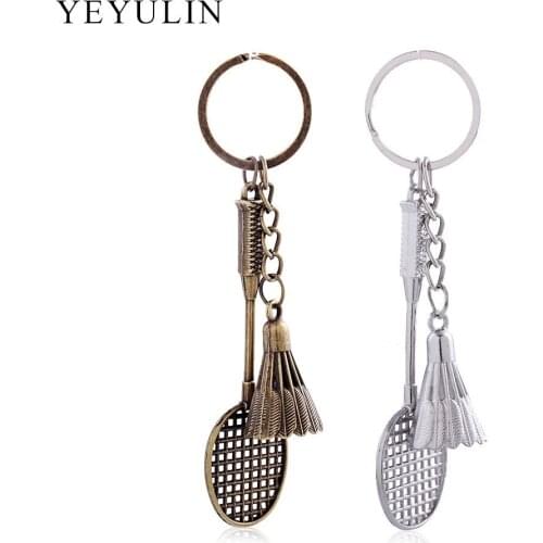 Antique Bronze Silver Color Metal Badminton Racket Keychain Trendy Cute Mini Keychain For Woman Man Car Sports key Ring Gifts