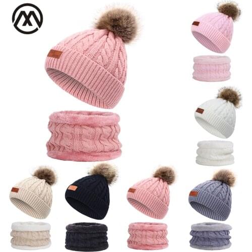 Cute Childrens Knit Hat Scarf Suit Outdoor Casual Peas Boy / Girl Pompom Hat Leather Standard Twist Hat Winter Warm 2 Piece Set