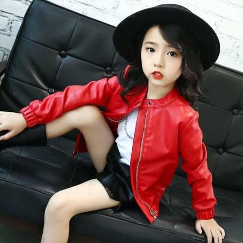Fashion Autumn Girls Pu Jacket Zipper Cool Girl Faux Leather Outerwear For Girls 3-12 Years Old Round Collar Baby Girl Clothes