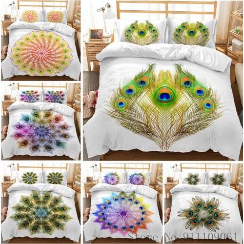 Fashion Peacock Feather Floral Printed Bedding Set Ethnic Style Quilt Cover Pillowcase 2/3Pcs Bedclothes Bedroom Decoration