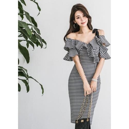 Fashion women new arrival comfortable off shoulder elegant black plaid formal dress vintage party sexy slim ruffles pencil dress