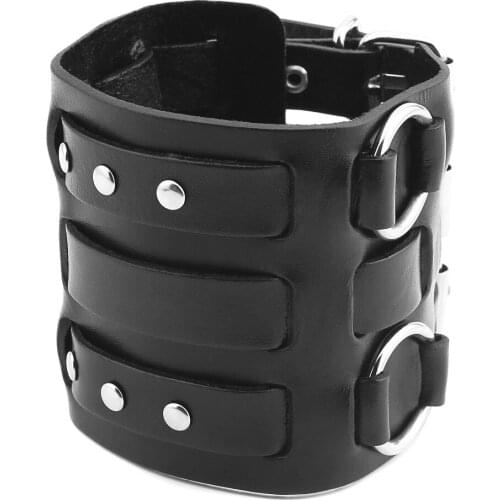 HZMAN Mens Leather Wide Triple Strap Cuff Wrap Gauntlet Wristband Buckle Fastening Arm Armor Cuff