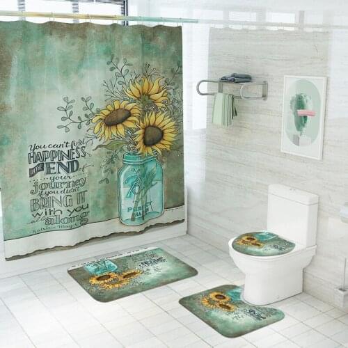 Sunflower Bathroom Sets Retro Flowers Pattern Shower Curtain Set Bath Mats Rugs Bathtub Curtains Pedestal Rug Lid Toilet Cover