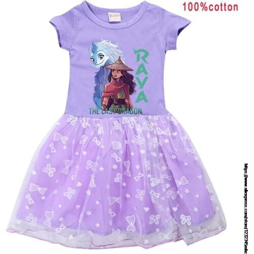 Raya and The Last Dragon Girls Dress Summer Kids T Shirt Colour Gauze Pleated Princess Patchwork Dresses Cute Printed Clothes