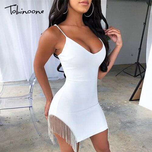 Tobinoone Sexy White Dress Women Autumn Tassel Sequins Bandage Dress Elegant Deep V Neck Nightclub Party Dresses Vestidos 2021