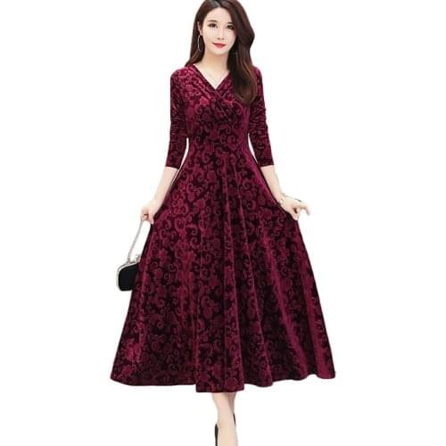 New gold velvet Plus size Dress Spring Autumn Women long sleeve big swing V-neck Embossed Dresses Womens banquet Dresses A1141