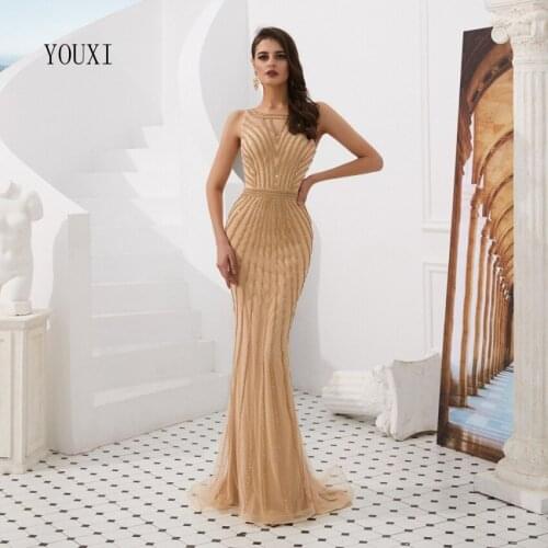 Luxury Gold Evening Dresses 2019 New Arrival Beaded Formal Vestidos de Fiesta de Noche Suknia Wieczorowa Prom Gowns