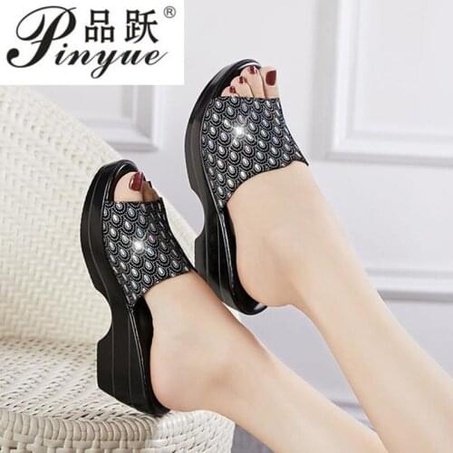 Rhinestone Genuine Leather Summer Shoes Mothers Fashion Outdoor Sandals Womens Large Size 40-42 Cool Slippers
