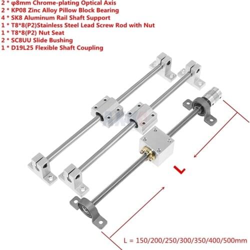 Sliding Rail 3D T8 Lead 150-500mm Optical Axis Guide Bearing Housings Linear Rail Shaft Support Screws Bearing Mounting Bracket