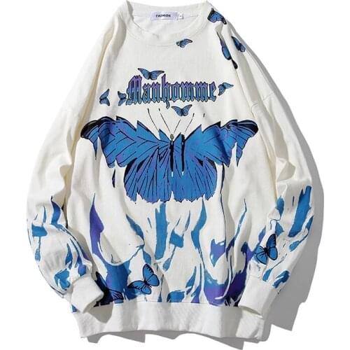 Butterfly Fire Flame Print sweatshrit men Streetwear Hip Hop Casual long Sleeve pullover Men Harajuku Hipster Fashion Tops