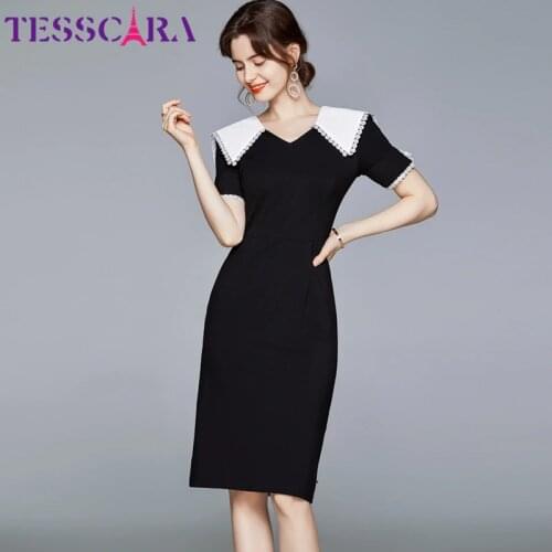 TESSCARA Women Elegant Pencil Dress Festa High Quality Office Lady Cocktail Party Robe Femme Fashion Designer Black Vestidos