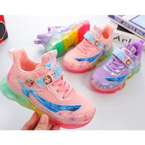 Disney Frozen Queen Elsa Girls Shoes with Lights 2021 Spring and Autumn New Mesh Breathable Childrens Sports Shoes Girls Shoes