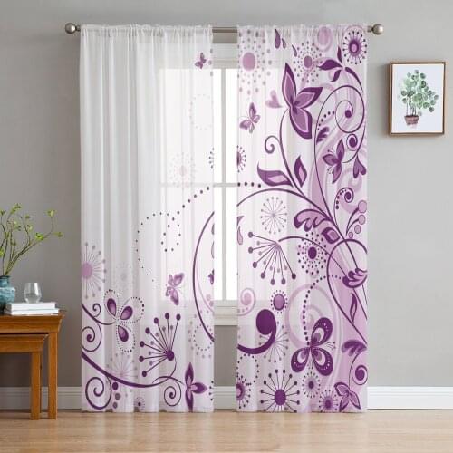 Flowers Butterfly Branches Purple White Tulle Window Treatment Sheer Curtains for Living Room the Bedroom Curtains Decoration