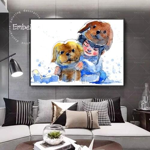 Embelish Girl In Happy Hat With Dog Hand Draw Modern Home Decor Pictures For Living Room Wall Art Posters HD Canvas Oil Painting