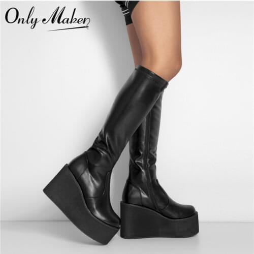 Onlymaker Womens Platform Knee High Boots Wedges Round Toe Matte Black Soft PU High Heels Shoes Zipper Concise Large Size