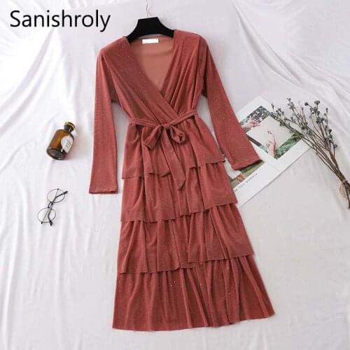 Sanishroly Autumn Women Long Dress V-Neck High Waist Cake Dresses Female Tie Bow Sashes Long Sleeve Dress Party Vestidos SE377