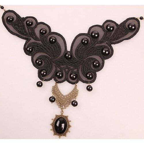 12 Pieces/Lot Gothic Bowknot Necklaces For Woman Simulated Pearl Charms Necklace Black Sexy Lace Charm Choker Statement Jewelry