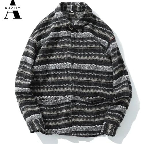 2020 Flannel Shirt Long Sleeve Men Fashion Geometric Ethnic Shirt Thickened Long Sleeve Streetwear Fashion Vintage Stripe Shirts