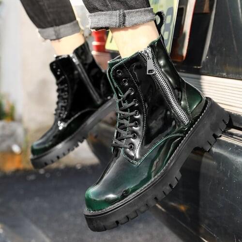 Fashion Shiny Leather Mens Martin Boots Autumn Winter Platform Ankle Boots Men Black Red High-top Motorcycle Boots Men Sneakers