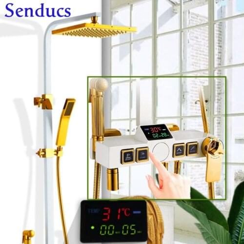 Digital Bathroom Shower Set of Rainfall Shower Head Copper Bath Bidet Matte Black Square Button Thermostatic Bath Shower Set