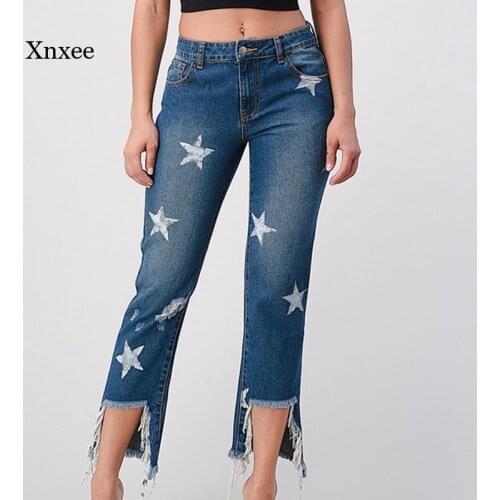 Denim Pants Women Print Jeans Cropped Trousers Irregular High Jeans Fashion Ladies Trouser Solid Hole Low Waist Straight Bottoms
