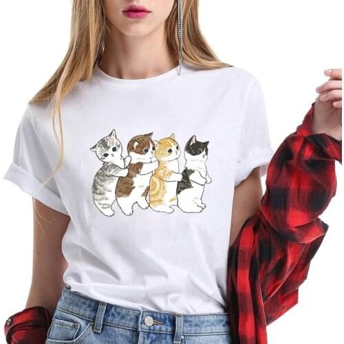 2021 New Fashion Summer Casual Cute Cat Graphic T Shirt Women Harajuku Tops Tees Female 7 Colors Slim Black Basic Streetshirt