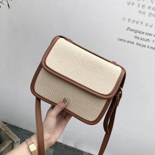 2019 summer new small bag Korean style messenger bag simple patchwork straw small square bag leather flap handbags