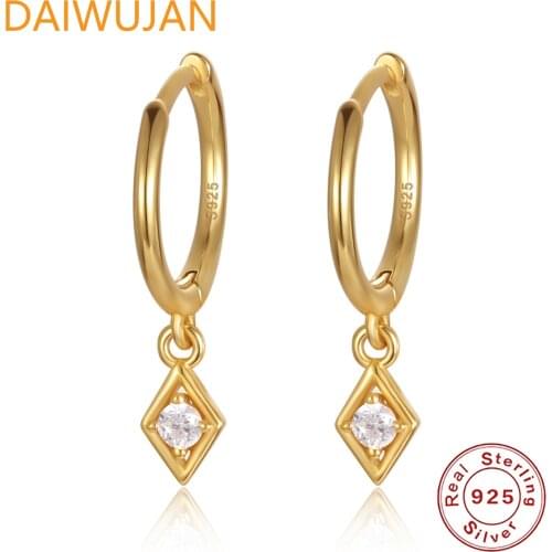 DAIWUJAN INS Trendy 925 Sterling Silver Hoop Earrings For Women Men Geometric Single Diamond Pendant Piercing Earring Jewelry