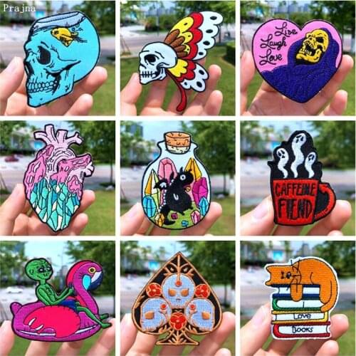 Prajna Cartoon Skull Butterfly Patches Embroidery Patches For Clothing DIY Iron On Patches On Clothes For Kids Jacket Cat Patch