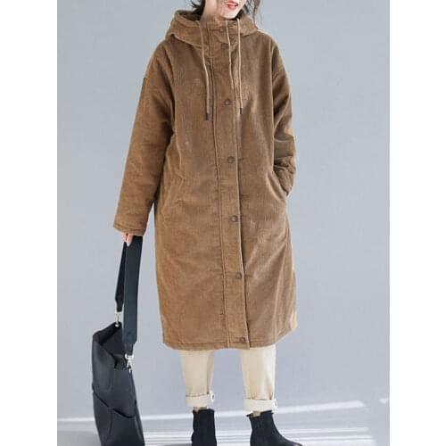 Autumn Winter Faux Fur Coats Parkas Casual Loose Corduroy Female Long Jackets Vintage Thick Lady Slim Hooded Outwears