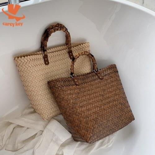 CAREY KEY Casual Rattan Women Handbags Bamboo Wicker Woven Hand Bag Summer Beach Big Straw Bag Lady Large Tote Female Travel Sac