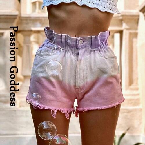 New Women Pink Tie-dyed Shorts Streetwear Pleated High Waist Loose Tassel Fringe Shorts Pockets Casual Straight Shorts Femininos