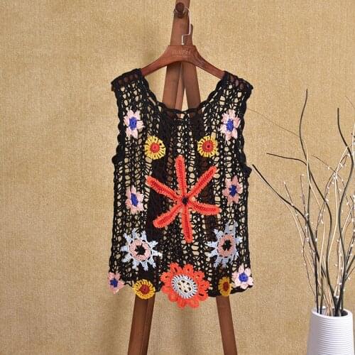 Vintage Casual Crochet Knit Floral Hollow Out Lace Vest Tops Blouse Handmade Beach Cover Up 2021 Flower Patterns Shirts Blusas