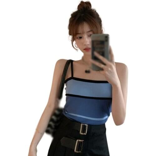 Womens Striped Color Vest Summer Slim Sexy Knitted Camisole Korean Style Tank Top