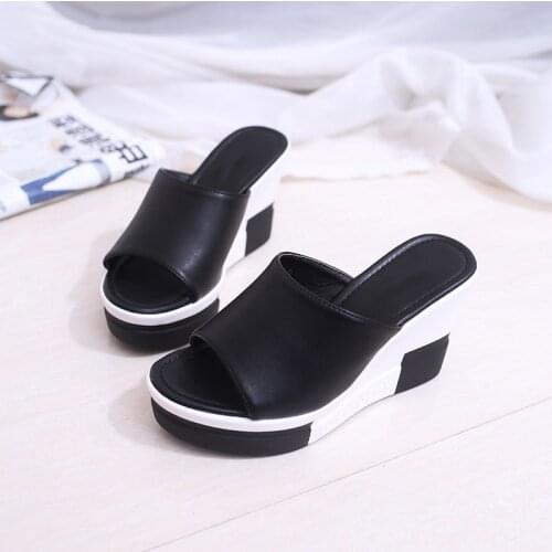 New Women Sandals 2021 Summer Genuine Leather Shoes Woman Flip Flops Wedges Fashion Platform Female Slides Shoes Peep Toe