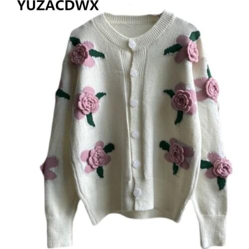 Autumn Appliques Floral Cardigan Women Chic Long Sleeve Button Up Knitted Sweater 3D Rose Flower Embroidery Knitwear Winter