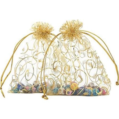 100Pcs Eyelash Printed Gold Organza Bags Jewelry Pouch Bags Organza Drawstring Pouches for Wedding Favors Candy Gift Bag 10X15cm