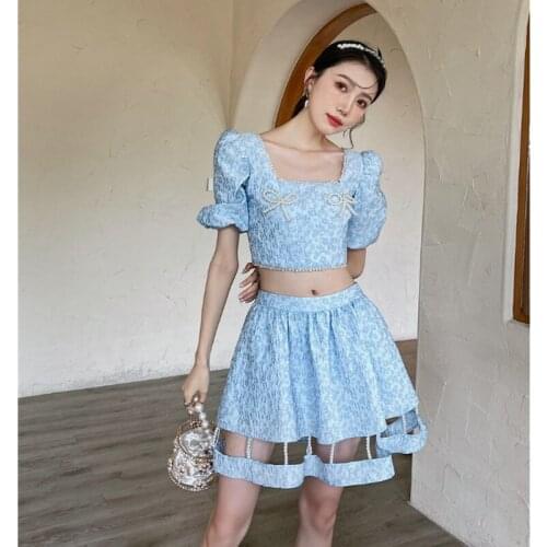 2021 Summer Elegant Womens Pearl Puff Sleeve Bow Short Top + Elastic Waist Hollow Embroidery Skirt 2 Piece Set
