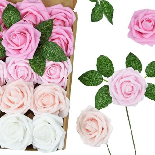 25Pcs/box 8cm Foam Artificial Rose Flower With Leaf Fake Flower With Kraft Paper Box For Wedding Party Engaged Bride Gifts Decor