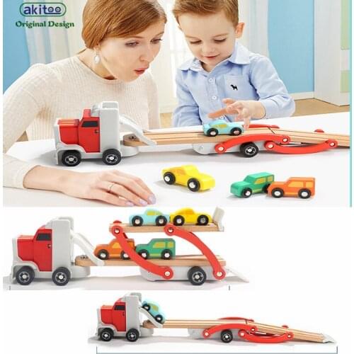 Akitoo 1092 new Toy car model set Childrens wooden disassembly Double deck truck assembly can be assembled gifts