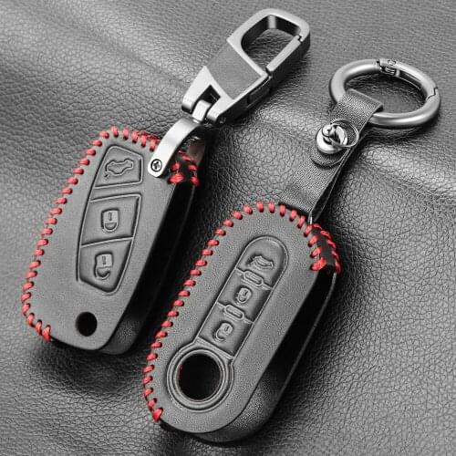 Genuine Leather Car Key Cover Case for Fiat 500 Panda Dubbed Grande Punto Stilo 500x Ducato Remote Auto Folding Flip Key Holder