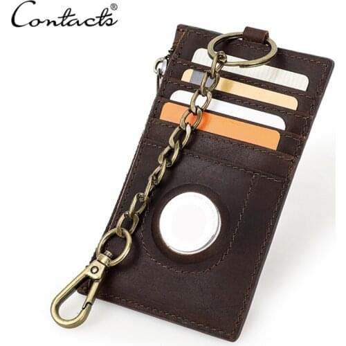 CONTACTS Genuine Leather Men Card Holder RFID Mini Keychain Coin Pocket Male Potable Slim Card Case Anti-lost Air Tag Cover