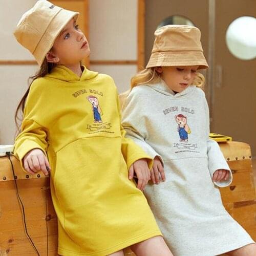 Children Hooded Dress Girls Cute Cartoon Print Long Sleeve Knee Length Straight Gowns Kids Autumn Spring Fashion Casual Desses