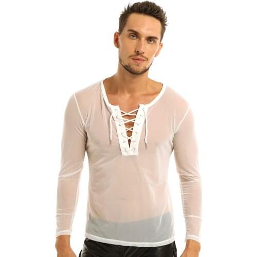 Men Lace Up Mesh See Through Long Sleeve T-Shirt Top Men Sexy Club Wear Costumes Undershirts Sheer Fishnet Transparent Tops Tees