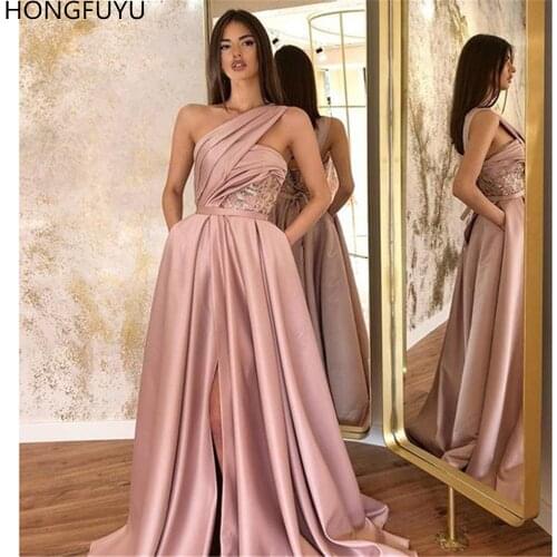 HONGFUYU A-Line Satin Evening Dresses Ruched One Shoulder Sleeveless Robe De Soiree Abendkleider Special Occasion Prom Dress