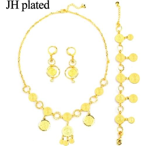 JHplated Dubai Gold Color Jewelry Sets Necklace Bracelet Earrings For Women Ethnic Islamic Religion Muslim Allah Coin Set