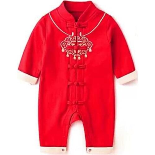 Traditional Style Infant Baby Lock Print Long Sleeve Rompers Kids Boys Happy New Year Pattern Baby Jumpsuit Newborn Clothes
