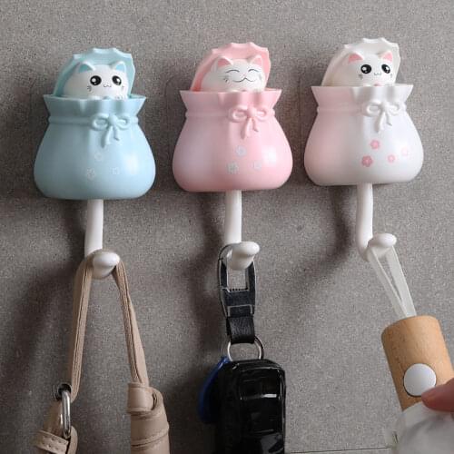 Cute Cat Strong Sticky Hook Bathroom Sundries Organizer Clothes Storage Rack Key Holder Wall for Home Decoration Accessories U3