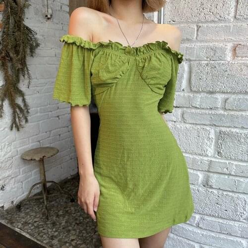 Fashion Ruched Bodycon Party Dresses For Women Slash Neck Short Sleeve Green Mini Dress Clubwear Slim Skinny Dresess Mujer