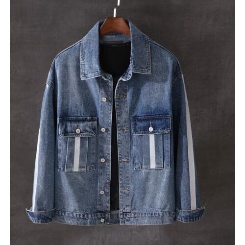 Japanese Vintage Fashion Men Jackets Streetwear Retro Blue Stripe Printed Designer Denim Jacket Men Hip Hop Coats Overalls Homme